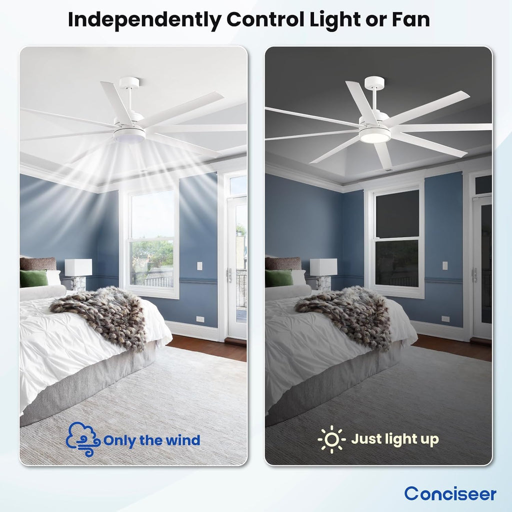Modern Ceiling Fans with Lights, 72 Inch Ceiling Fan with Remote for Bedroom Living Room Kitchen Library Cafe Outdoor/Industrial Use,24W 3CCT 8 Blades 6 Speed Reversible Quiet DC Motor, White
