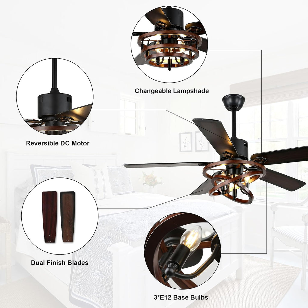 52' Farmhouse Ceiling Fan with Lights and Remote Control, Rustic Fandalier Ceiling Fan DIY Shape Caged Chandelier Light for Living Room Indoor Outdoor, 3 E12 Bulbs (Not Included)