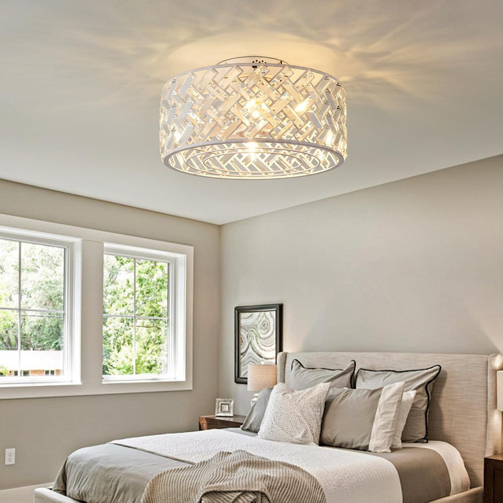 18 Inch Caged Ceiling Fan with Light and Remote, Rustic White Flush Mount Fandelier Ceiling Fan with Remote & App Control, Quiet DC Motor Low Profile Crystal Ceiling Fan for Bedroom, Kitchen
