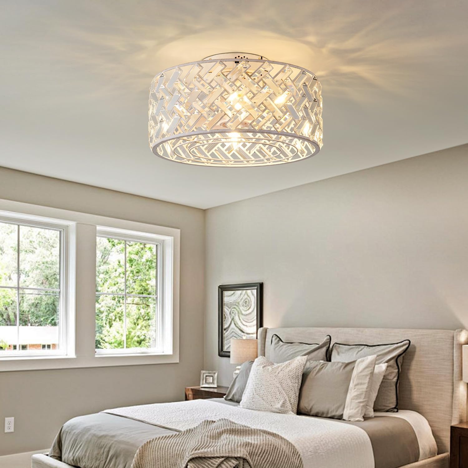 18 Inch Caged Ceiling Fan with Light and Remote, Rustic White Flush Mount Fandelier Ceiling Fan with Remote & App Control, Quiet DC Motor Low Profile Crystal Ceiling Fan for Bedroom, Kitchen