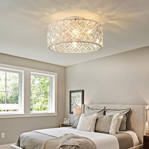 18 Inch Caged Ceiling Fan with Light and Remote, Rustic White Flush Mount Fandelier Ceiling Fan with Remote & App Control, Quiet DC Motor Low Profile Crystal Ceiling Fan for Bedroom, Kitchen