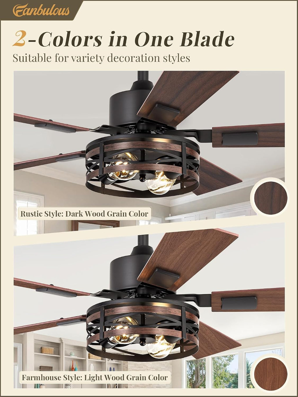 Fanbulous Farmhouse Ceiling Fans with Light, 42 Inch Bedroom Ceiling Fan with Lights, 6-Speed Adjustable, Quiet and Reversible DC Motor, Dual Finish 5 Blades, Rustic Caged Ceiling Fan for Living Room