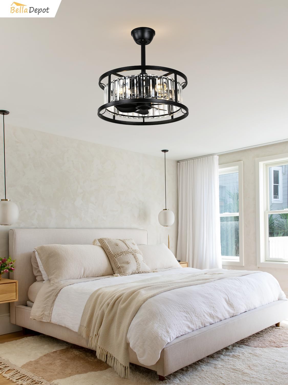 Bella Depot 20' Black Flush Mount Ceiling Fan, Caged Crystal Chandelier Fan with Light (No Bulbs Included), Quiet DC Motor for Bedroom Dining Living Room