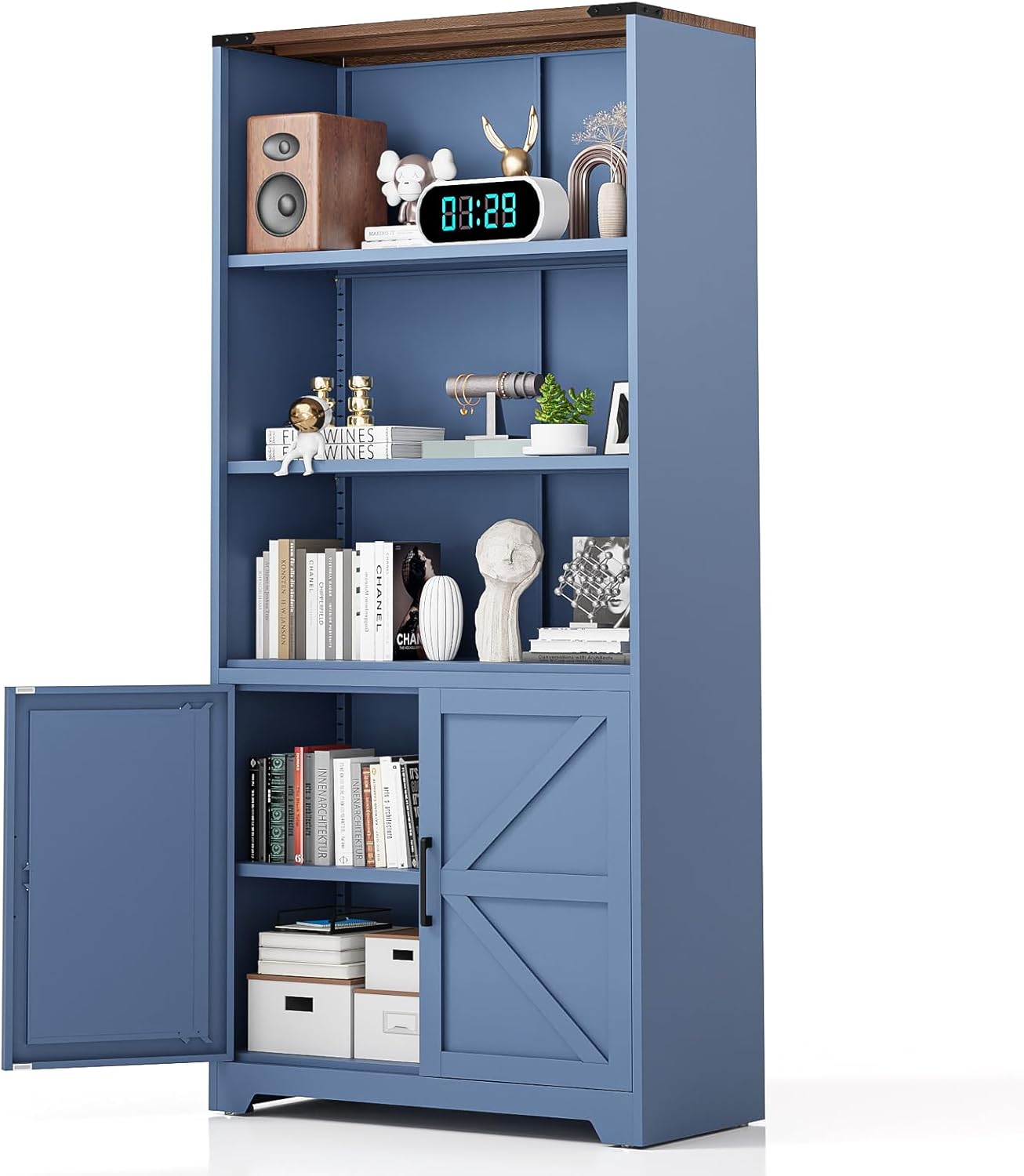 VINGLI Blue Bookcase with Doors and Adjustable Shelves, Steel 70' Tall Bookshelf Display Cabinet, 6-Tier Tall Farmhouse Metal Storage Cabinet for Study, Living Room, Home Office, Kitchen Pantry