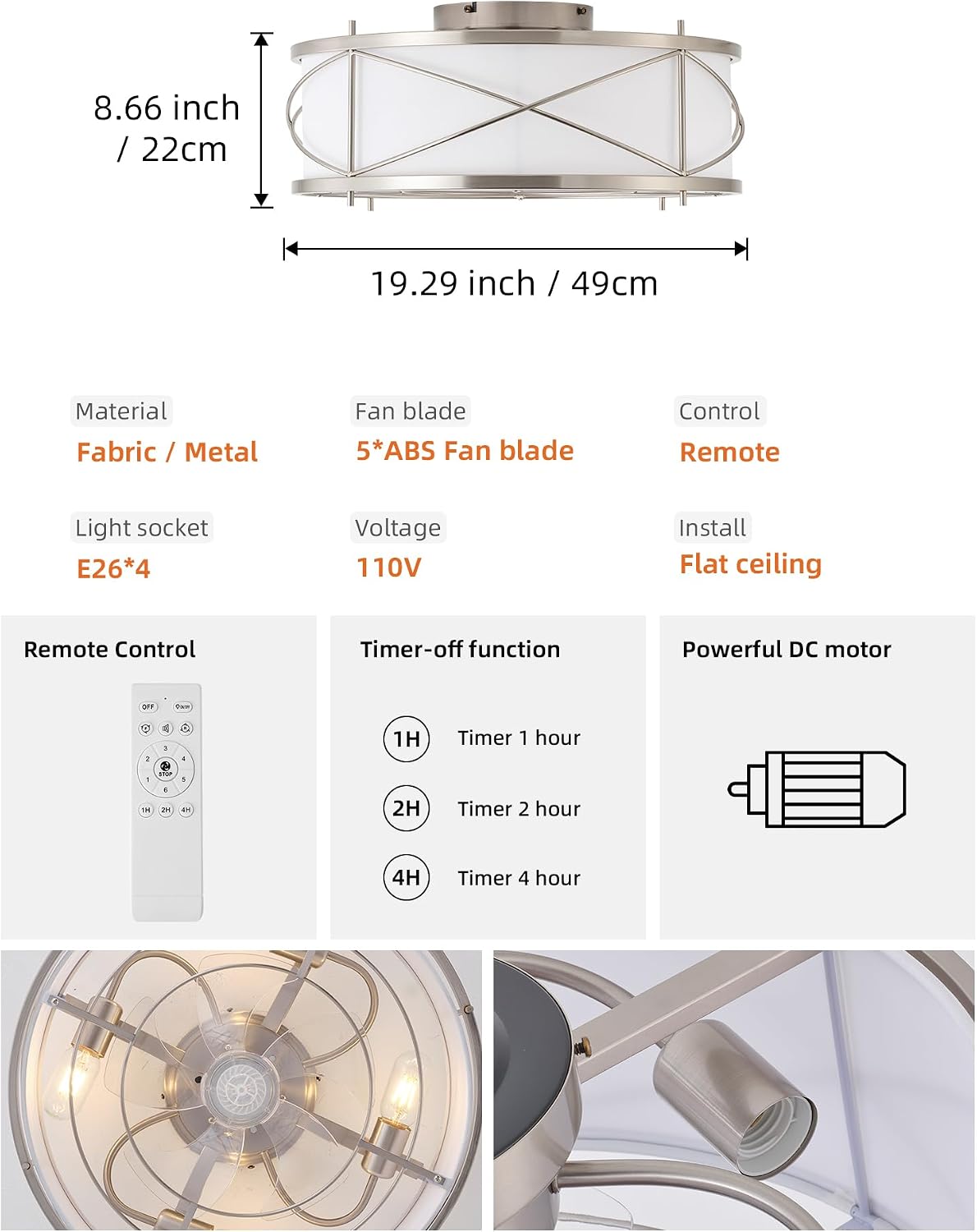 Silver Flush Mount Boho Ceiling Fan with Lights, 20' Caged Rattan Ceiling Fans with Light and Remote, Enclosed with 6 Speeds for Living Room, Bedroom, Nursery