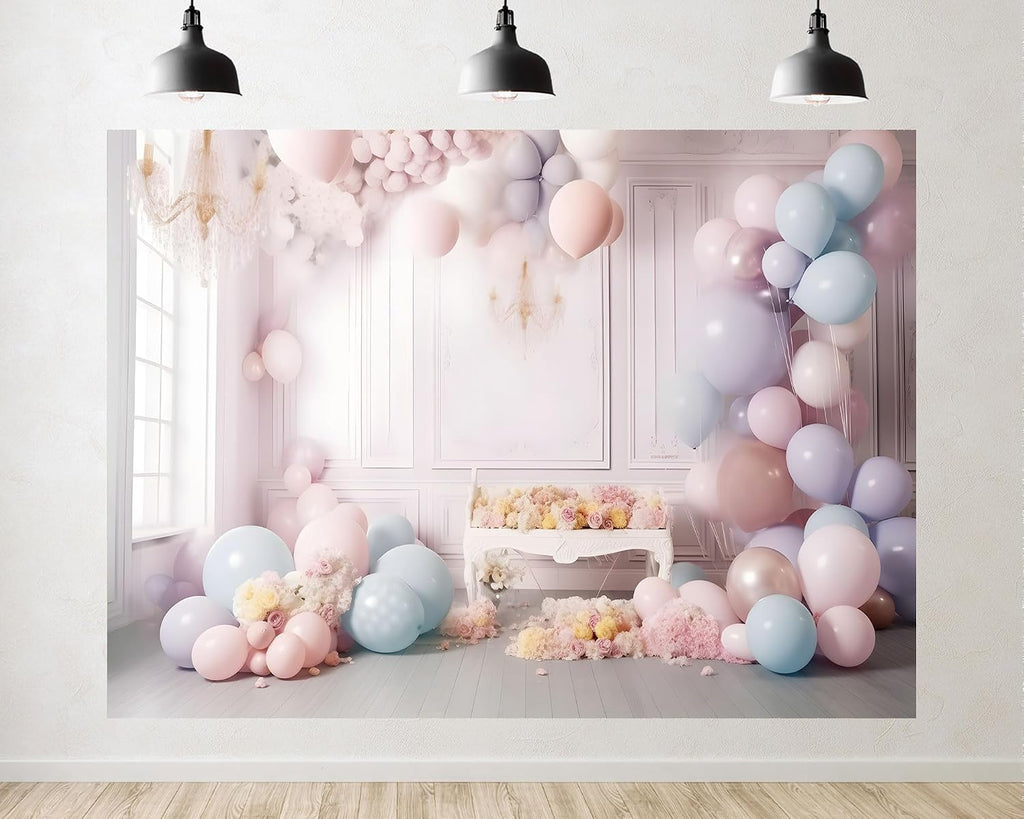 Trykid 20x10ft Pastel Balloon Arch Backdrop Soft Blue Pink Floral Whimsical Photography Background for Baby Shower Birthday Event Party Decoration Photo Booth Prop Fabric