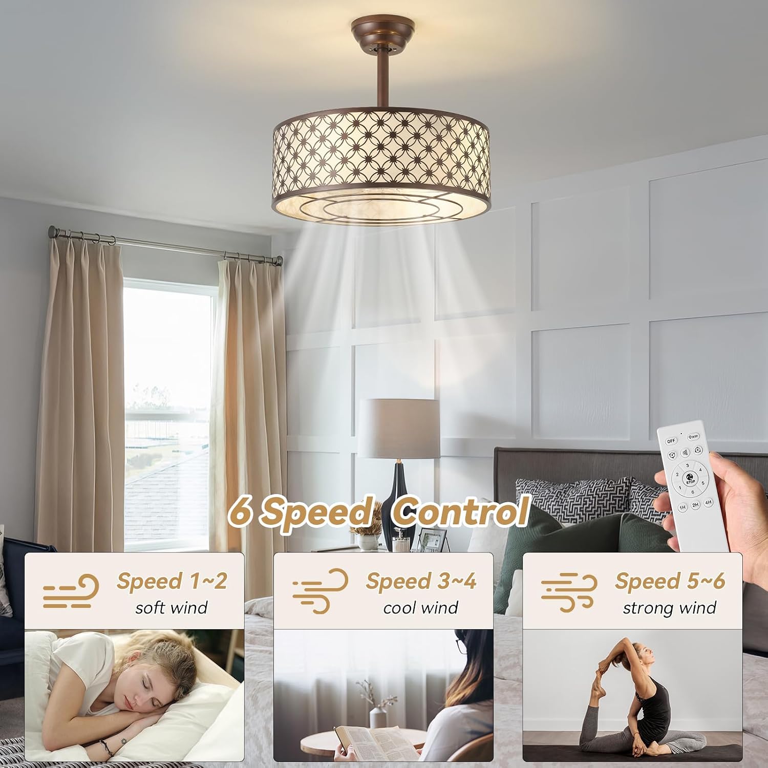 Brown Fandelier Ceiling Fan with Light, 20' Caged Brown Chandelier Ceiling Fans with Lights Remote Control, Fabric Mid-Century Modern with 6 Speeds for Bedroom, Nursery, Living Room.