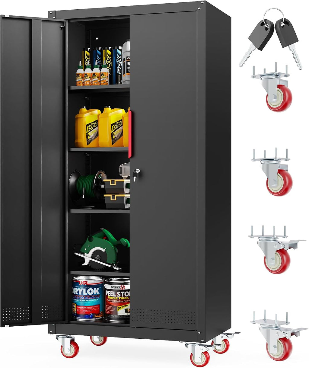 LMTC 71' H Garage Storage Cabinet with 4 Adjustable Shelves and Wheels, Lockable Metal Storage Cabinet for Garage, Home, Warehouse, Assembly Required,Black