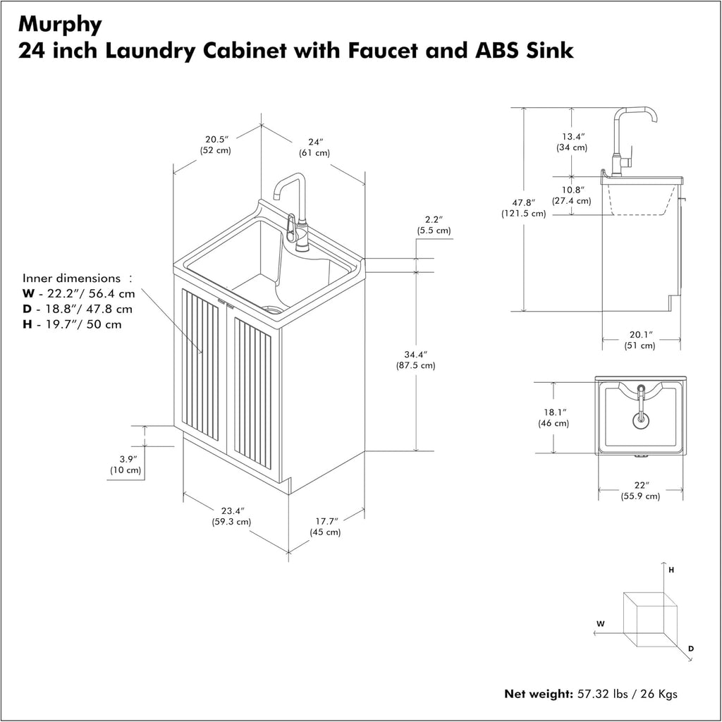 SIMPLIHOME Murphy All-in-One 24 inch Wide Utility Sink and Laundry Cabinet in Pure White Finish, Transitional ABS Sink Cabinet for Laundry Rooms with High-Arch Chrome Faucet and Pull-Out Spray
