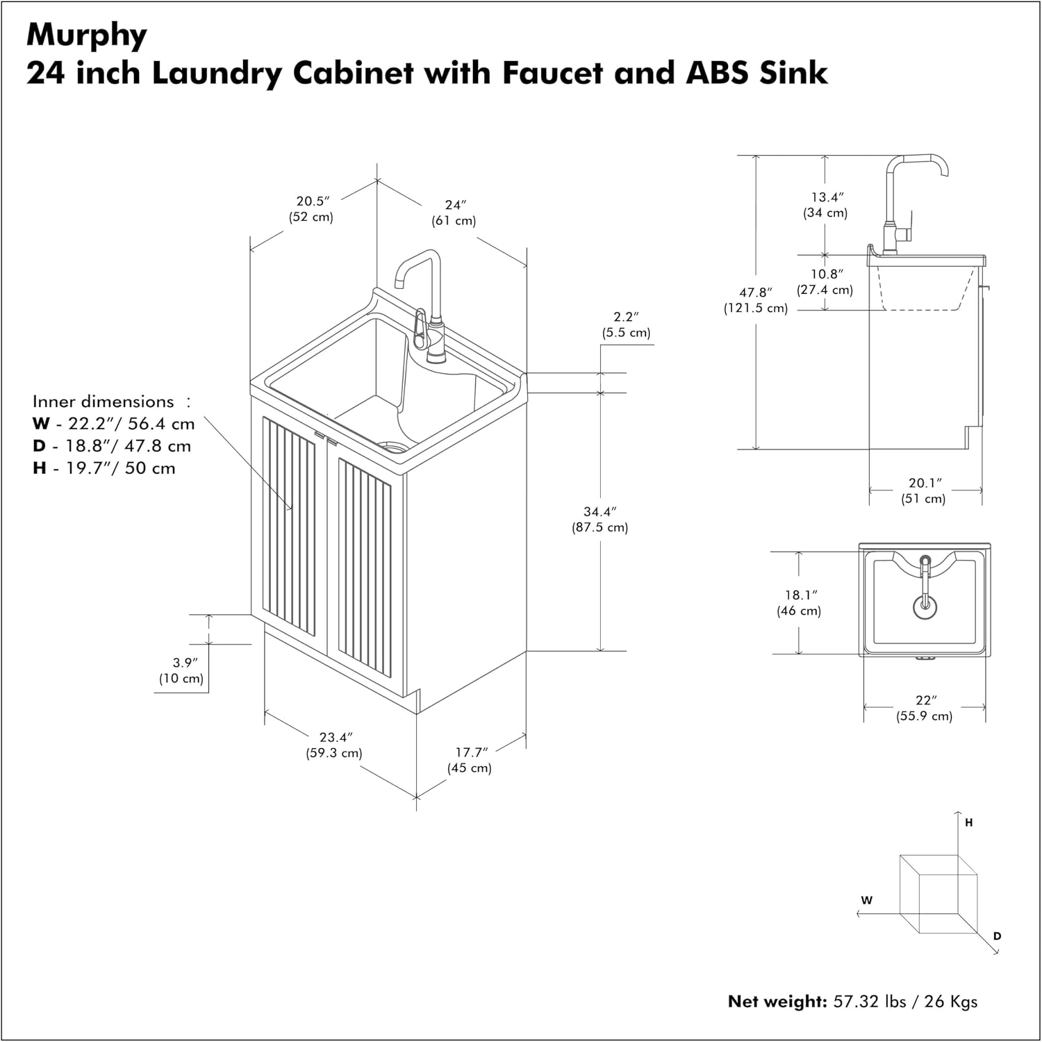 SIMPLIHOME Murphy All-in-One 24 inch Wide Utility Sink and Laundry Cabinet in Pure White Finish, Transitional ABS Sink Cabinet for Laundry Rooms with High-Arch Chrome Faucet and Pull-Out Spray