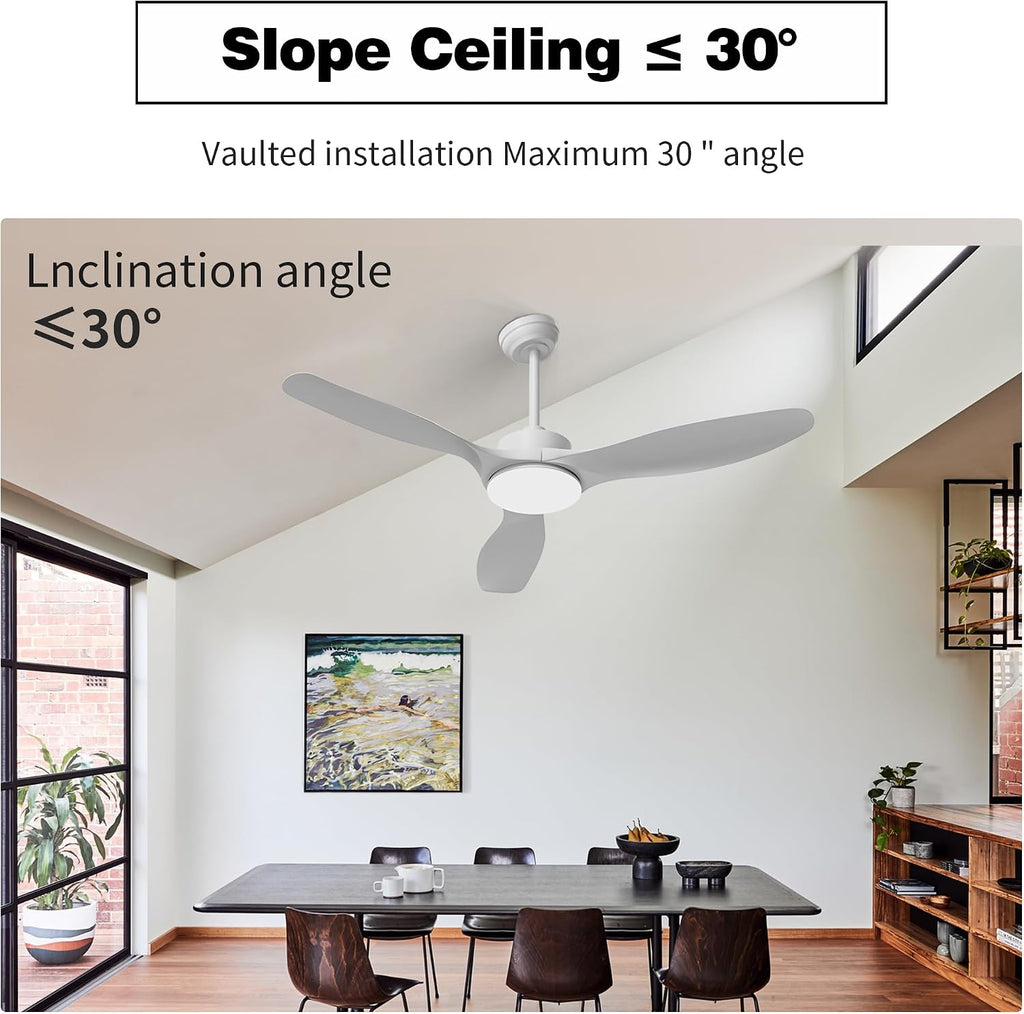 52 Inch Ceiling Fans with Lights Remote Control,White Sloped Mount Ceiling Fan 22W Dimmable LED Light,3 Reversible Blades,DC Motor 6 Speed Ceiling Fan for Bedroom Living Room Home Office