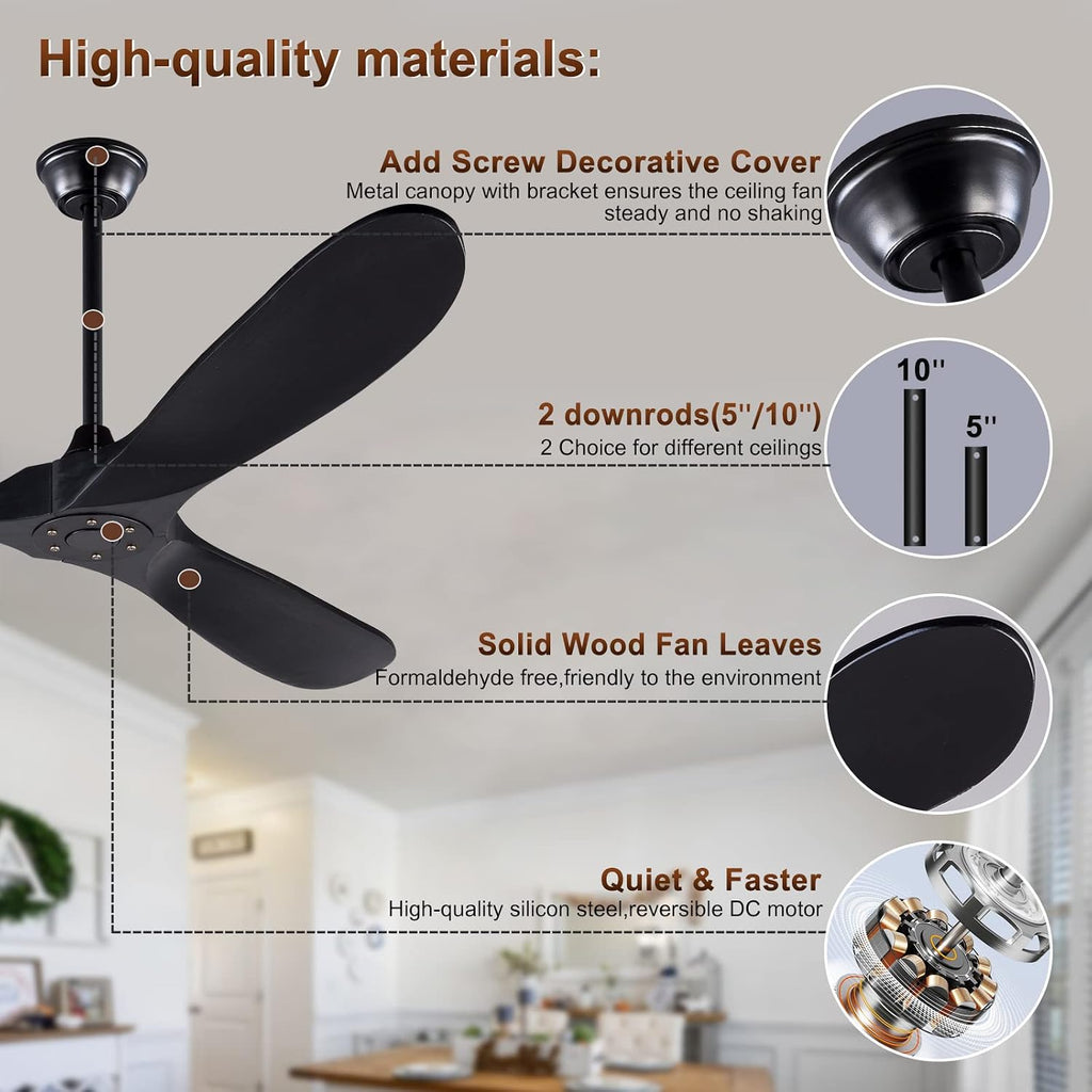 KBZZ 60 Inch Ceiling Fan no Light, Solid Wood Ceiling fan with 3 Blades, Remote Control and Reversible DC Motor, Indoor Bedroom Living Room Office Outdoor Ceiling Fans for Patio