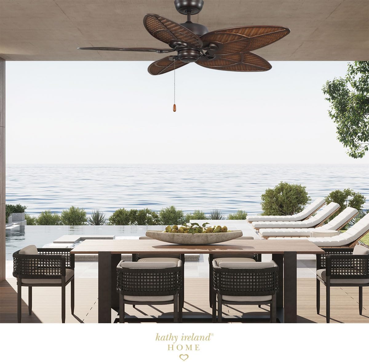 kathy ireland HOME [CF621VNB] Batalie Breeze Outdoor Ceiling Fan, 52 Inch | Large Metal Fixture with Palm Leaf Blades, Quiet Motor, and Pull Chain | Tropical Style for Outside and Indoor, Bronze
