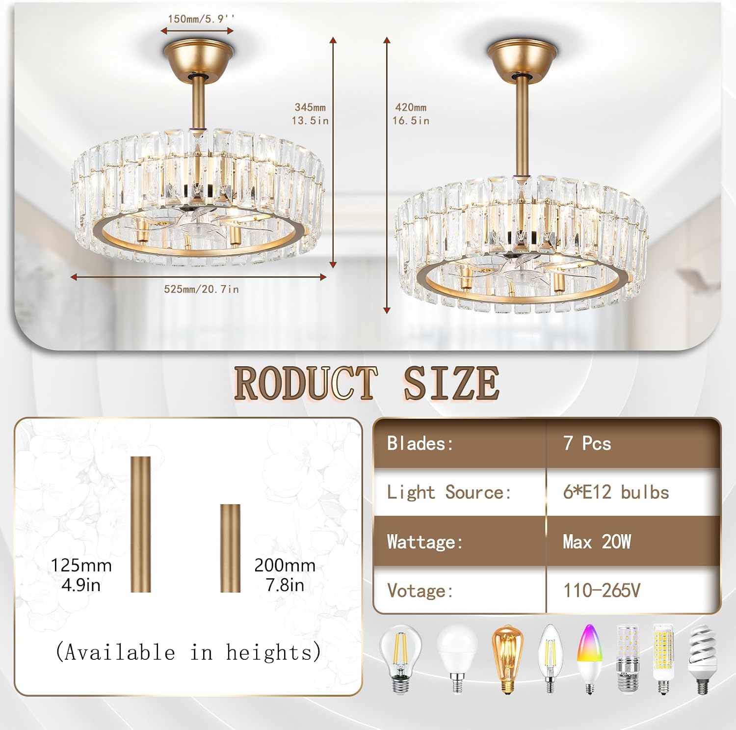 CLAIRDAI 20.7' Gold Crystal Caged Fandelier Ceiling Fan with Lights, Flush Mount Chandelier Ceiling Fan with Remote, Reversible 6-Speed, 6 x E12 Bulbs Not Included