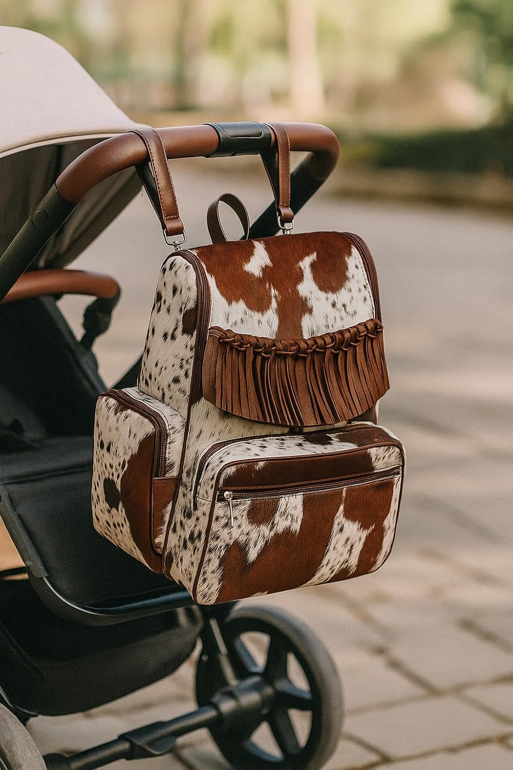 Cowhide Leather Diaper Bag – Handmade Hair-On Diaper Bags with Fringe | Artisan Cow Print Laptop Backpack for Women & Men | Western Style Travel Rucksack Knapsack