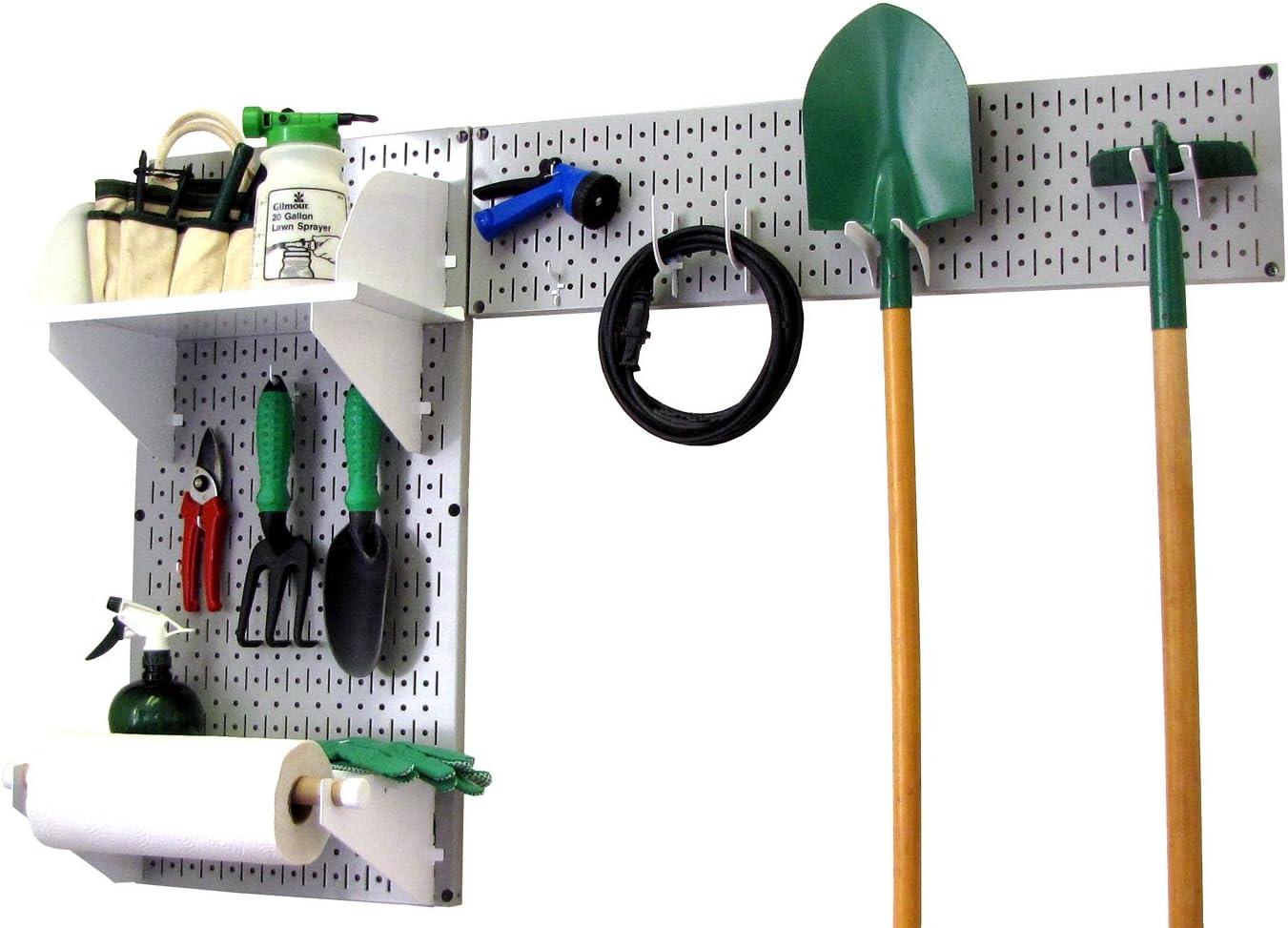 Wall Control Pegboard Garden Supplies Storage and Organization Garden Tool Organizer Kit with Gray Pegboard and White Accessories
