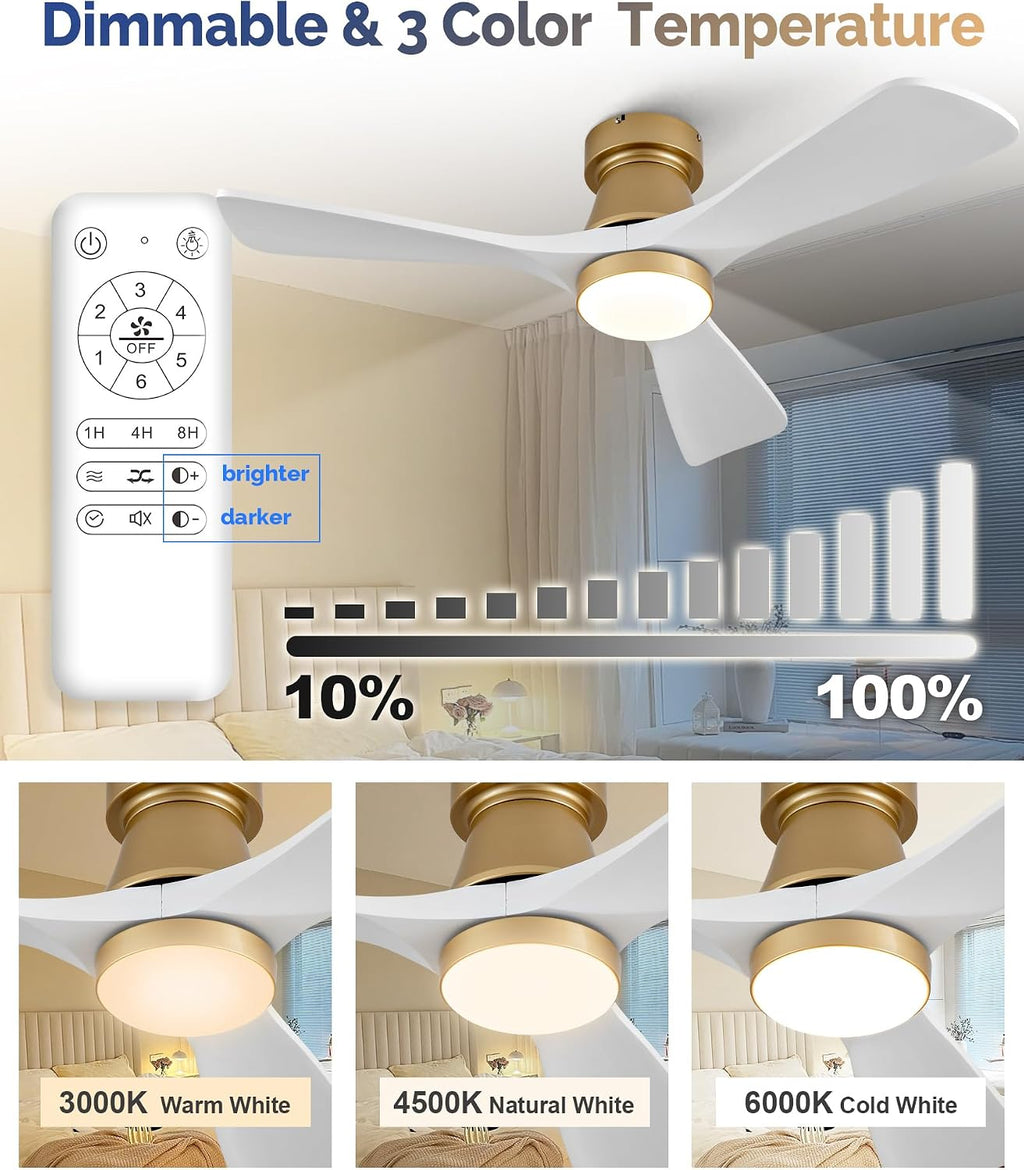 42 Inch Gold Ceiling Fan with Lights, Remote Control, Flush Mount, Dimmable, Reversible, Wood Blades, Power-Off Memory, Quiet DC Motor, Modern Hugger Ceiling Fan for Indoor Outdoor