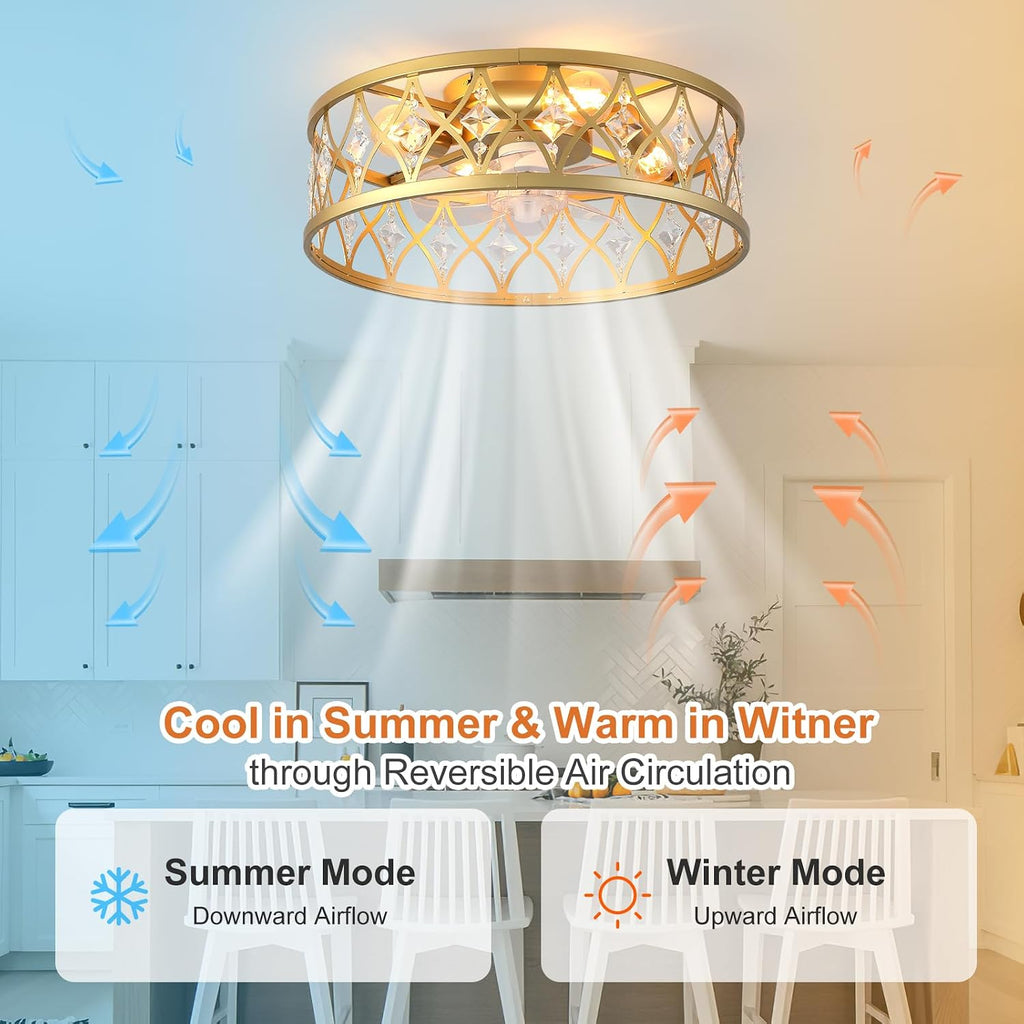 Garwarm Caged Ceiling Fan with Light,20' Ceiling Fans with Lights and Remote,Bladeless Fandelier Small Low Profile Ceiling Fan Light Fixture for Bedroom,Kitchen,Dining Room,Gold