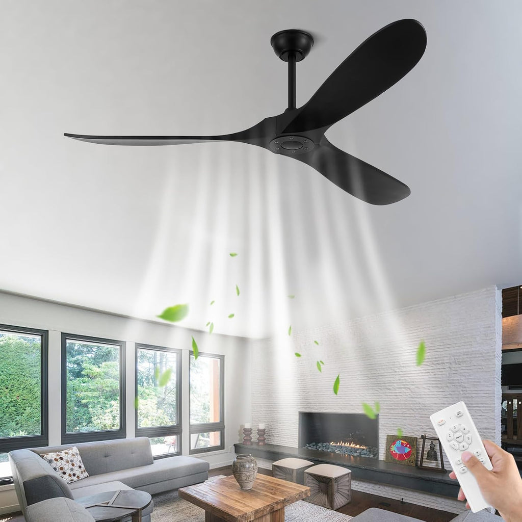 52'' Outdoor Ceiling Fan without Light,Large Airflow with 3 Solid Wood Blades,Black Ceiling Fan with DC Reversible and Silent Motor for Porch,Living Room,Garage.
