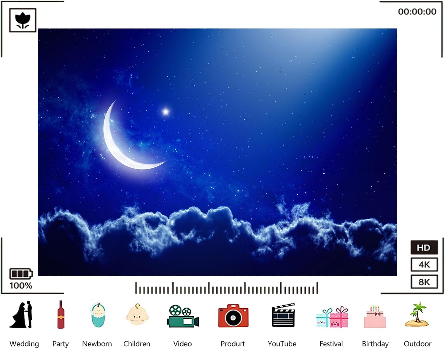 Trykid 20x10ft Crescent Moon Starry Night Sky Glow Backdrop Blue Galaxy Cloud Horizon Photography Background Mysterious Night Scenery Party Decoration Tapestry Photo Booth Prop Fabric