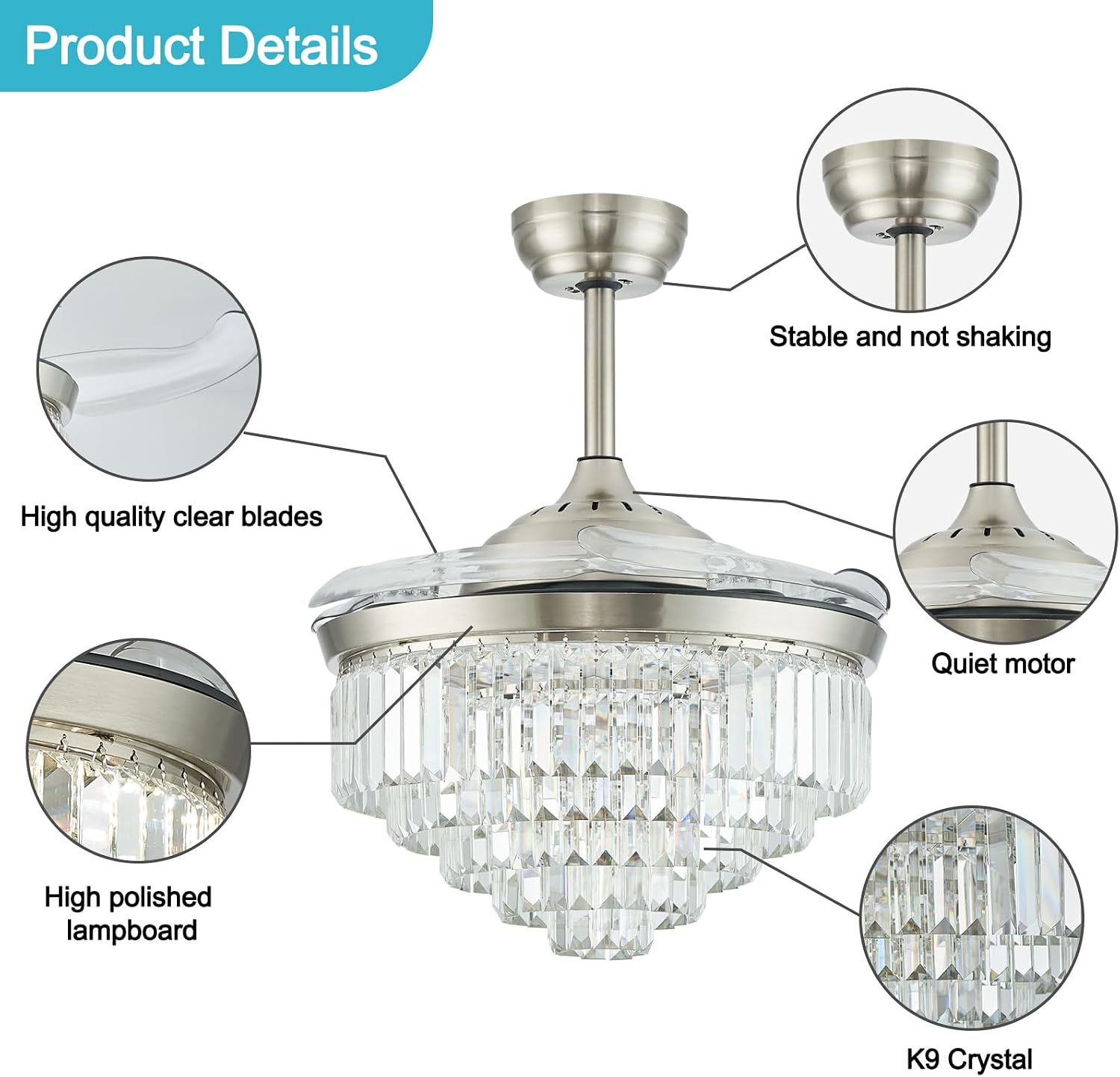 42' Dimmable LED Ceiling Fan with Light Crystal Chandelier Fan with Remote Control Noiseless Reversible Motor for Bedroom Living Room Study Kitchen Dinning Room (Nickel)