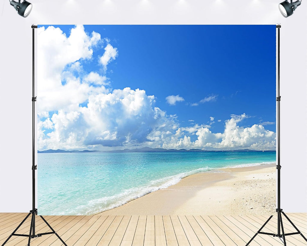Trykid 20x10ft Turquoise Ocean Beach Backdrop Clear Sky White Clouds Sandy Shore Photography Background Vacation Tapestry Party Decoration Photo Studio Prop Fabric