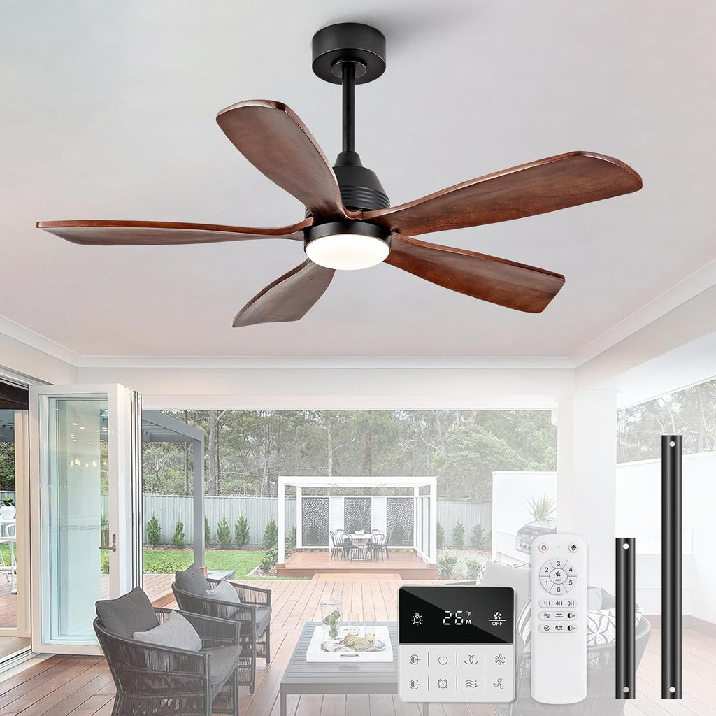 48 Inch Ceiling Fans with Lights and Remote, 5 Blades, Wood Ceiling Fan with Light, Dimmable, Wall Switch, Reversible DC Motor, Modern Indoor Outdoor Ceiling Fan for Patio Office Dining Room