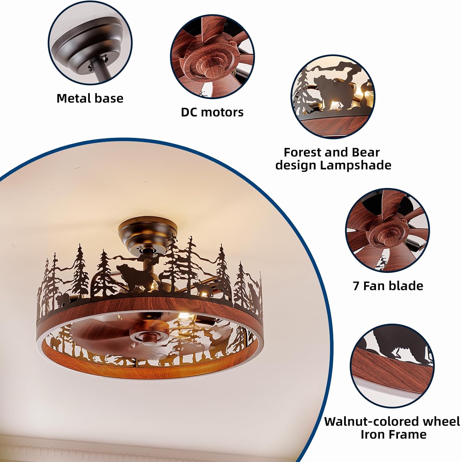 Farmhouse Rustic Ceiling Fan with Light and Remote, 21.7' Flush Mount Enclosed Bladeless Black Chandelier Fan with Forest and Bear, Reversible Fandelier Ceiling Fan for Living Room Bedroom