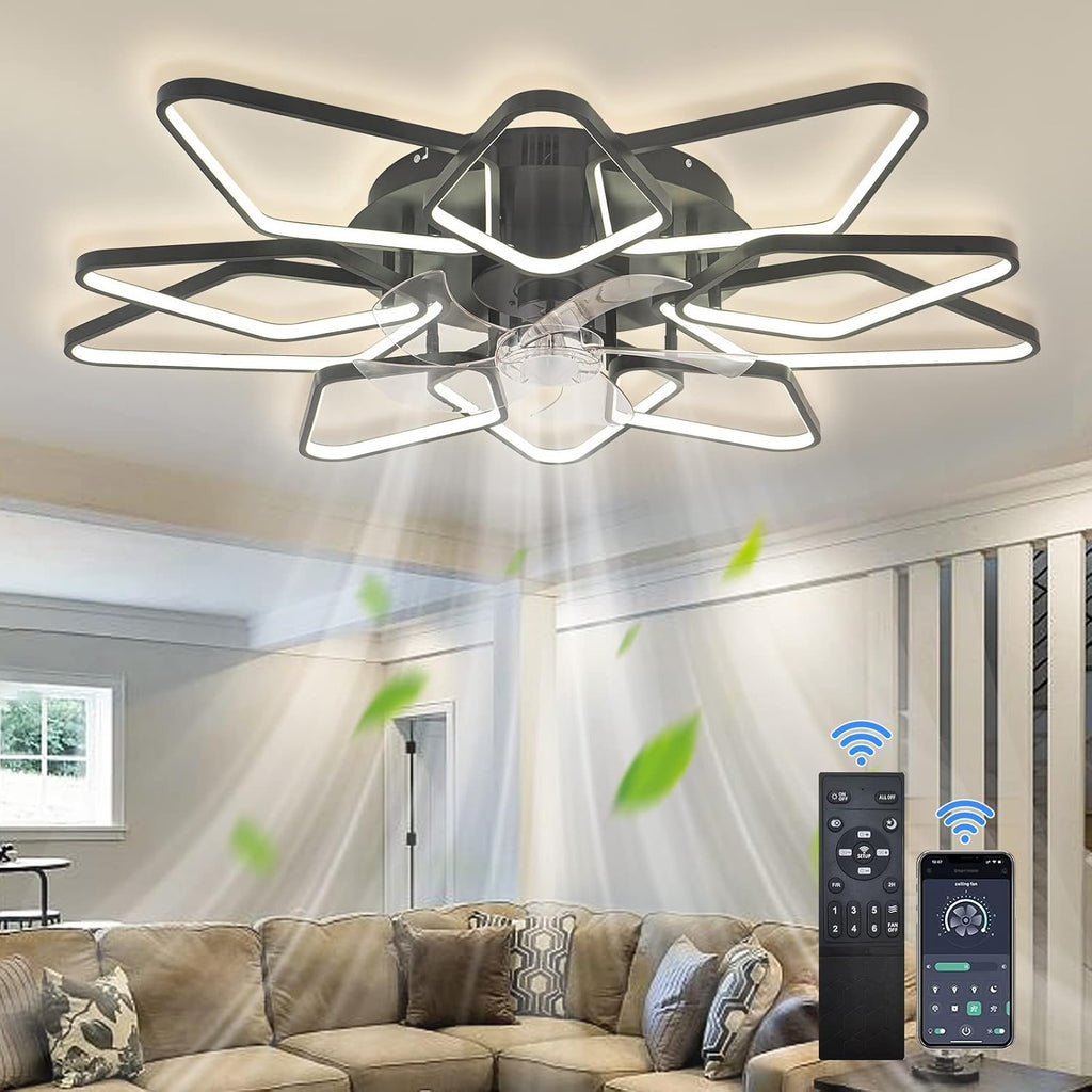 39'Ceiling Fan with Lights Remote APP Control,Modern Bladeless Ceiling Fan with Lights,Flush Mount Ceiling Fan with 6-Speed Reversible Blades,Low Profile Ceiling Fan for Bedroom Living Room (Black)…