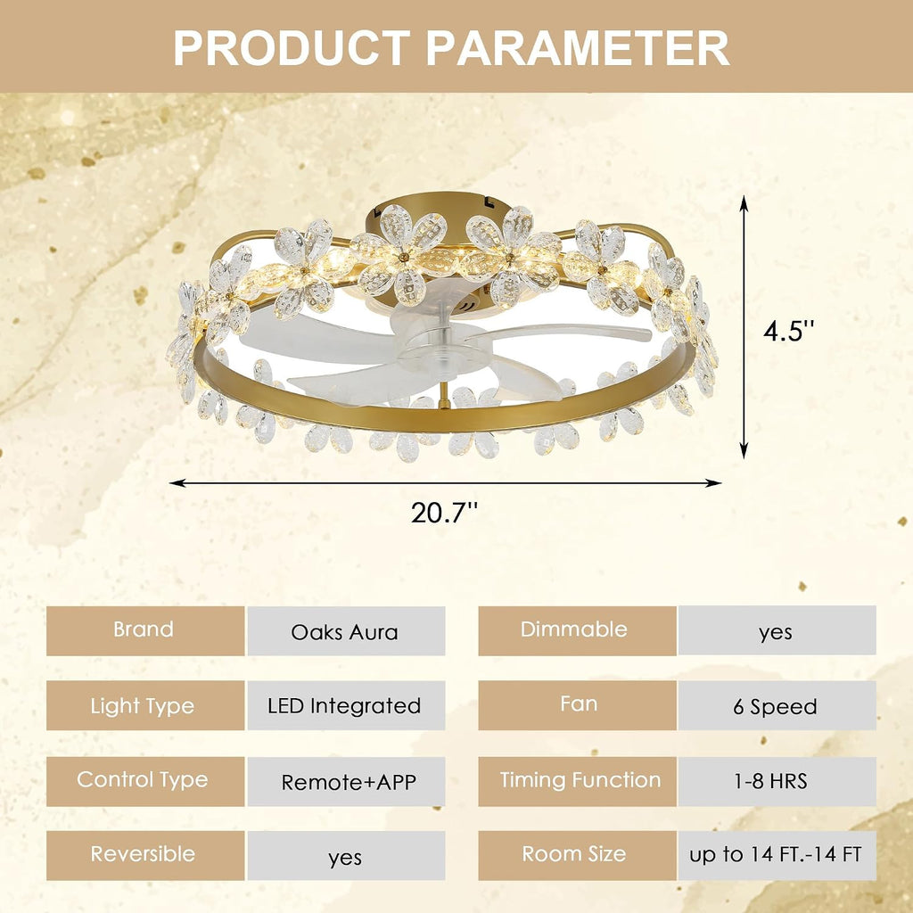 Fandelier Ceiling Fan with Light,Dimmable LED,6 Speeds,22'' Gold Ceiling Fan with Lights and Remote Control,Crystal Flower Ceiling Fan Chandelier for Kids Room/Daughter's Room/Girls Bedroom