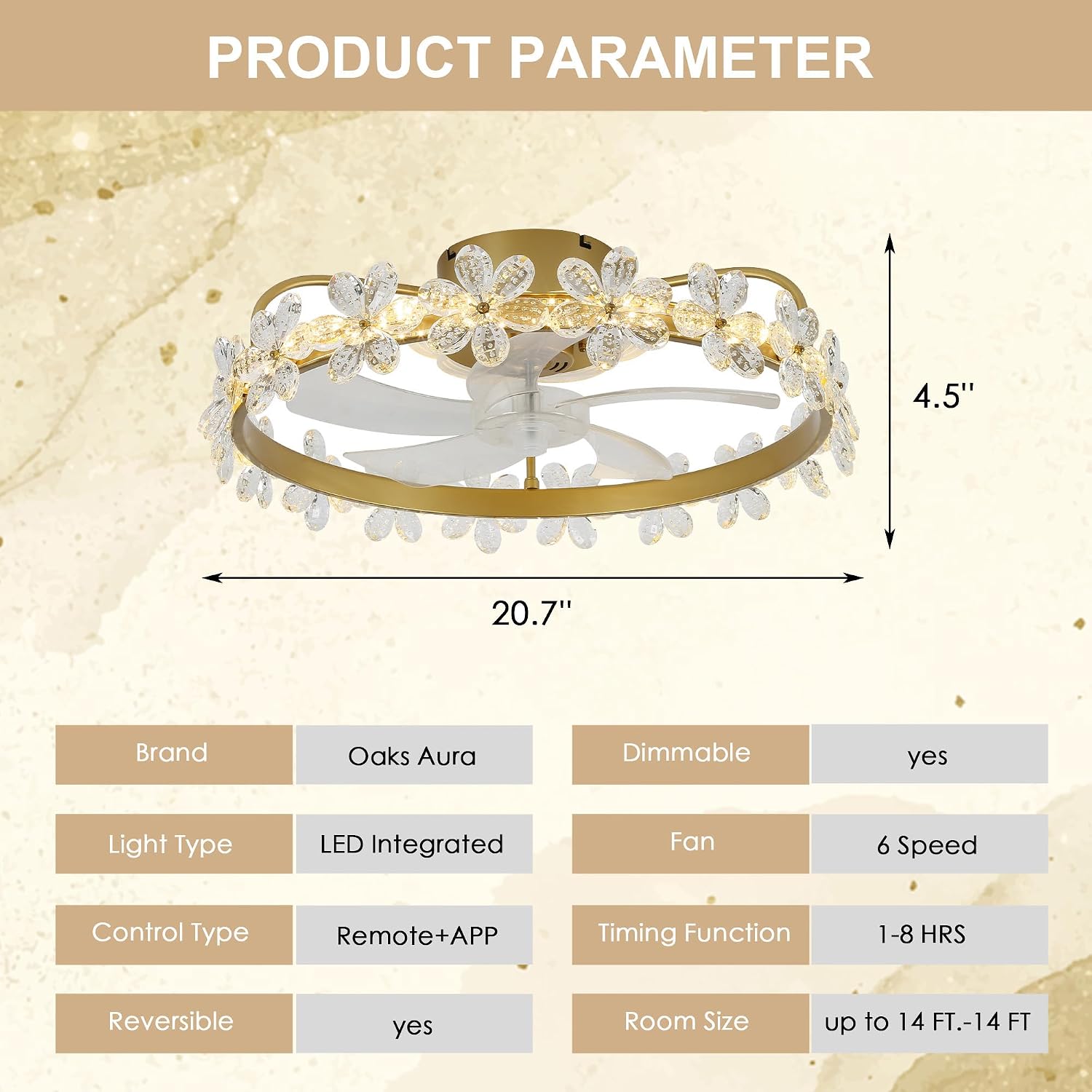 Fandelier Ceiling Fan with Light,Dimmable LED,6 Speeds,22'' Gold Ceiling Fan with Lights and Remote Control,Crystal Flower Ceiling Fan Chandelier for Kids Room/Daughter's Room/Girls Bedroom