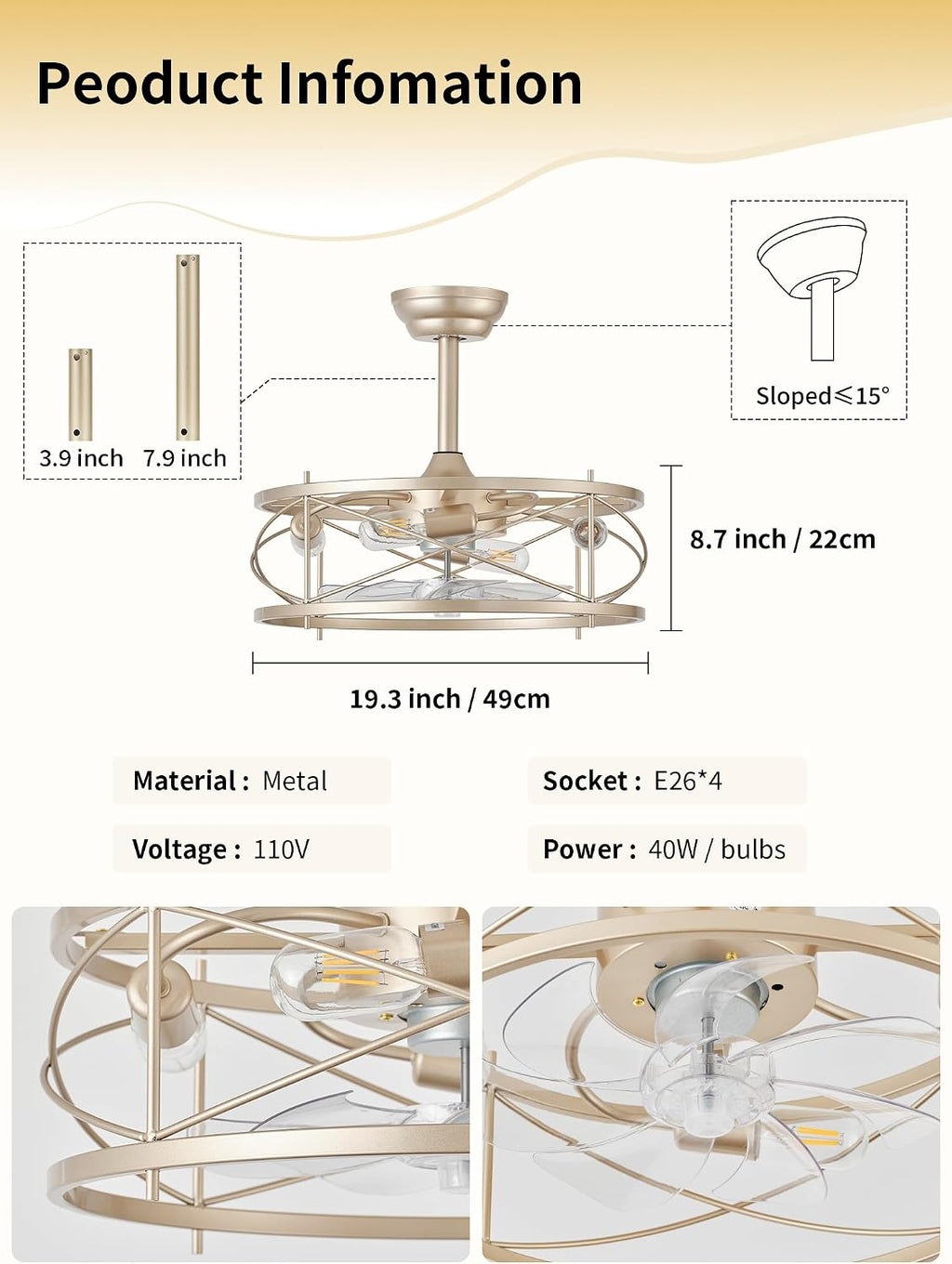 20' Farmhouse Fandelier Ceiling Fan with Light, Caged Bladeless Ceiling Fans with Lights and Remote, Rustic Small Enclosed with 6 Speeds for Bedroom, Kitchen, Living Room, Gold