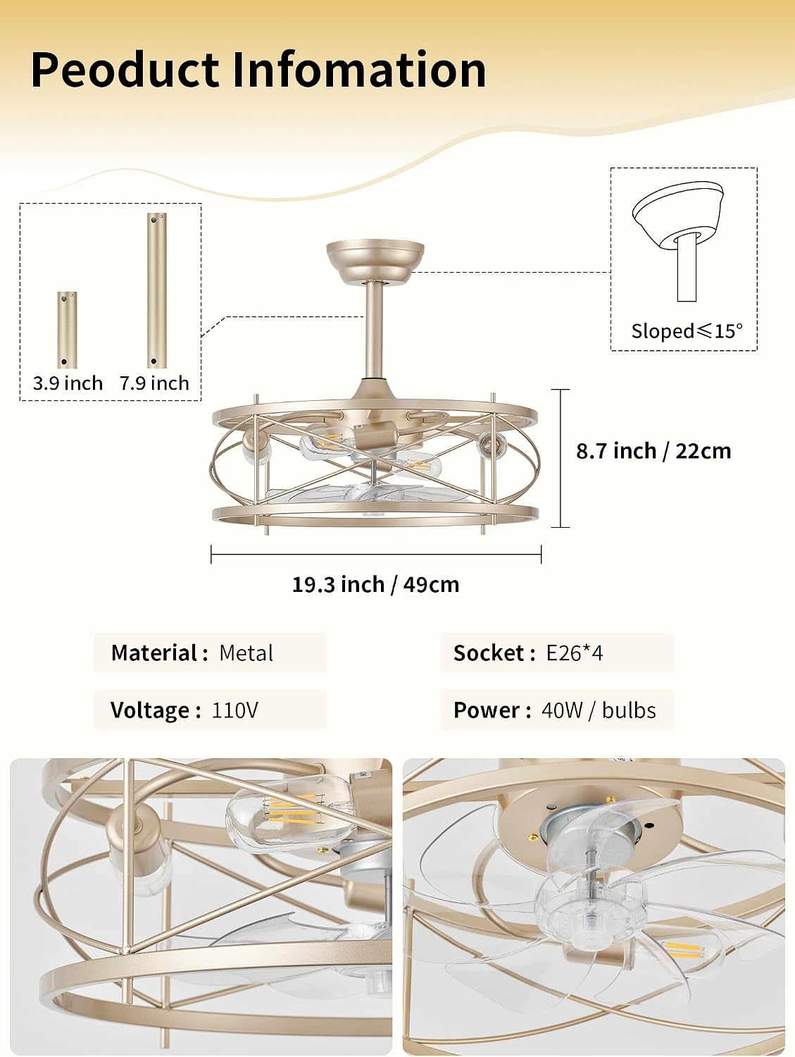 20' Farmhouse Fandelier Ceiling Fan with Light, Caged Bladeless Ceiling Fans with Lights and Remote, Rustic Small Enclosed with 6 Speeds for Bedroom, Kitchen, Living Room, Gold