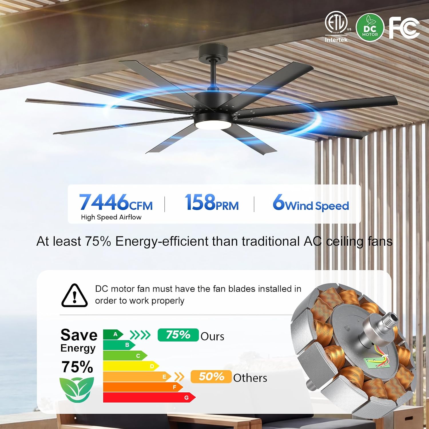 56 Inch Waterproof Outdoor Ceiling Fan with Light, All Weather Wet Rated Smart Fan with Alexa/App/Remote Control, 8 Modern Black Aluminum Blades, High CFM Quiet DC Motor, for Exterior Patio Porch