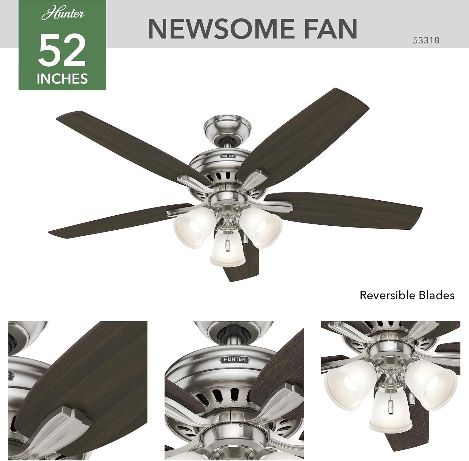 Hunter 52 inch Indoor Ceiling Fan with LED Lights - Ceiling Fan with Pull Chain, For Bedroom or Living Room, Standard Mount, No Remote, 5 Blades, Includes Bulbs - Newsome 53318, Brushed Nickel