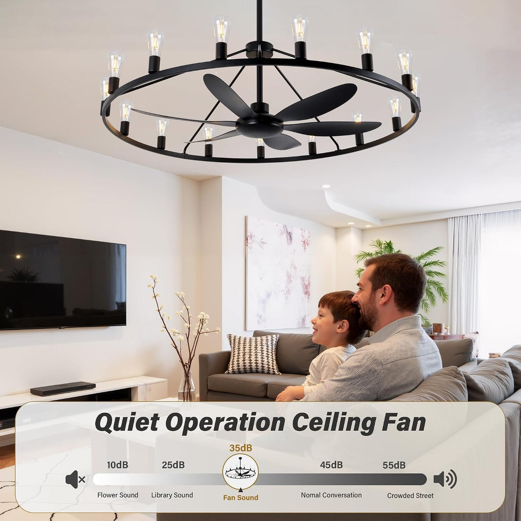 Miuyhji Rustic Ceiling Fan with Lights Wagon Wheel Style,Dining Room Light Fixture with Fan,15 Light Chandelier Fans,50 in Matte Black Farmhouse Fandelier for Large Space 100-300 Sqare Feet