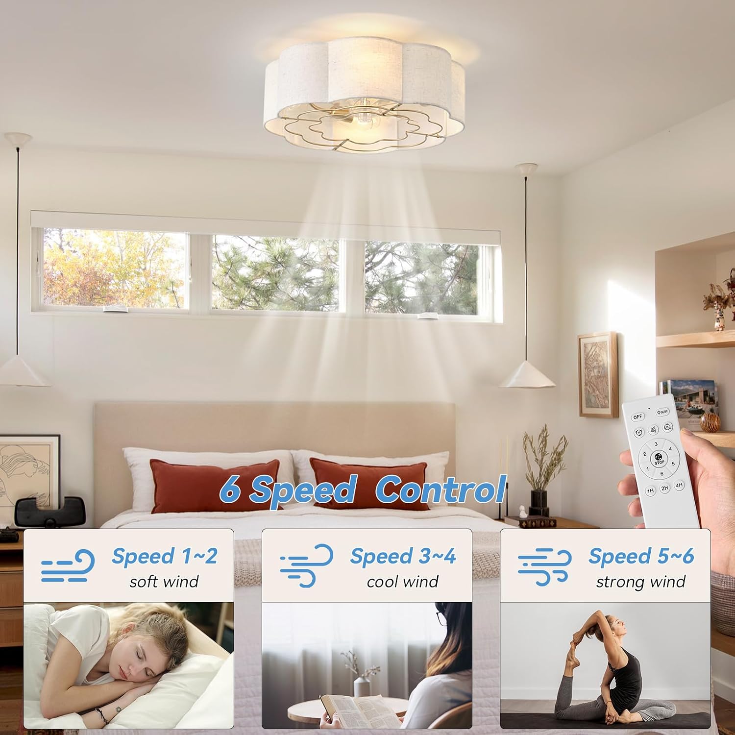 20' Low Profile Ceiling Fan with Light, Caged Flush Mount Ceiling Fan with Light Remote Control, Boho Bladeless with 6 Speeds for Bedroom, Nursery, Living Room.