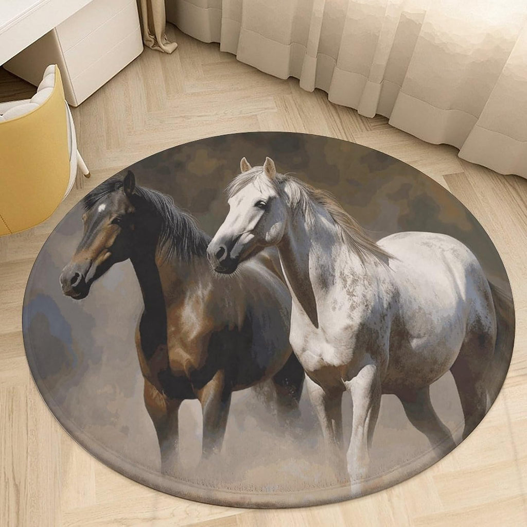 Horses Animals Coral Velvet Round Floor Mat Non-Slip Bath Rug Floor Covering for Bathroom Vanity Guest Suite & Vacation Home