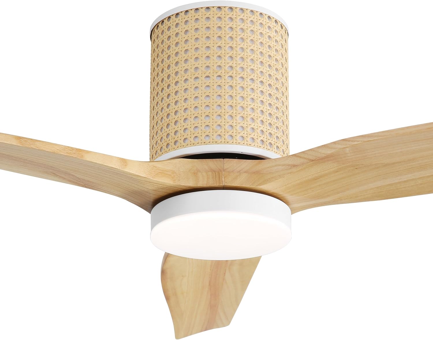 LEDLUX 52' Ceiling Fan with Light - Low Profile Flush Mount Ceiling Fan, 6-Speed Remote Control, Solid Wood, Quiet Reversible DC Motor, Wood/White Finish, for Bedroom, Living Room, Porch