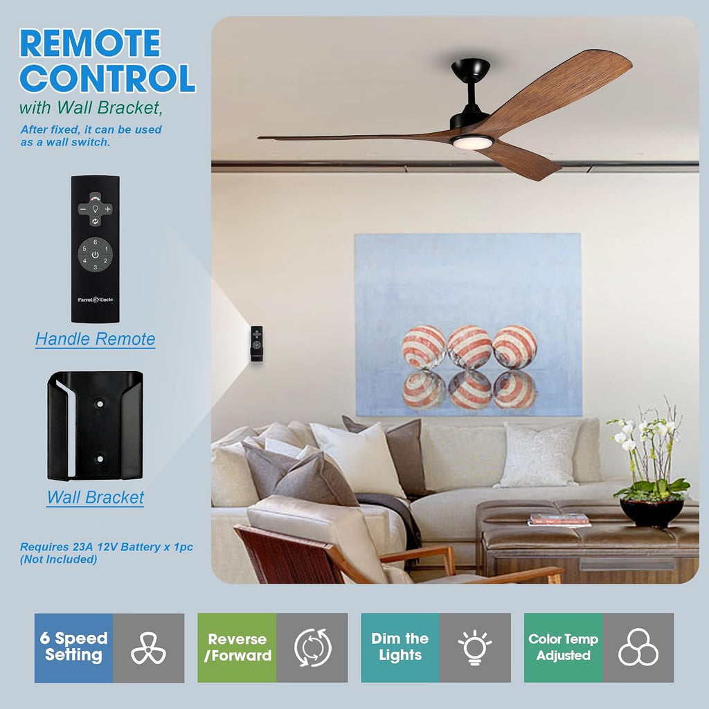 Ceiling Fans with Lights and Remote, 60 Inch Farmhouse Ceiling Fan with Light for Bedroom Living Room Flush Mount Outdoor Fans for Patios, Dimmable LED Chandelier, Reversible 3 Blades, Walnut, ETL