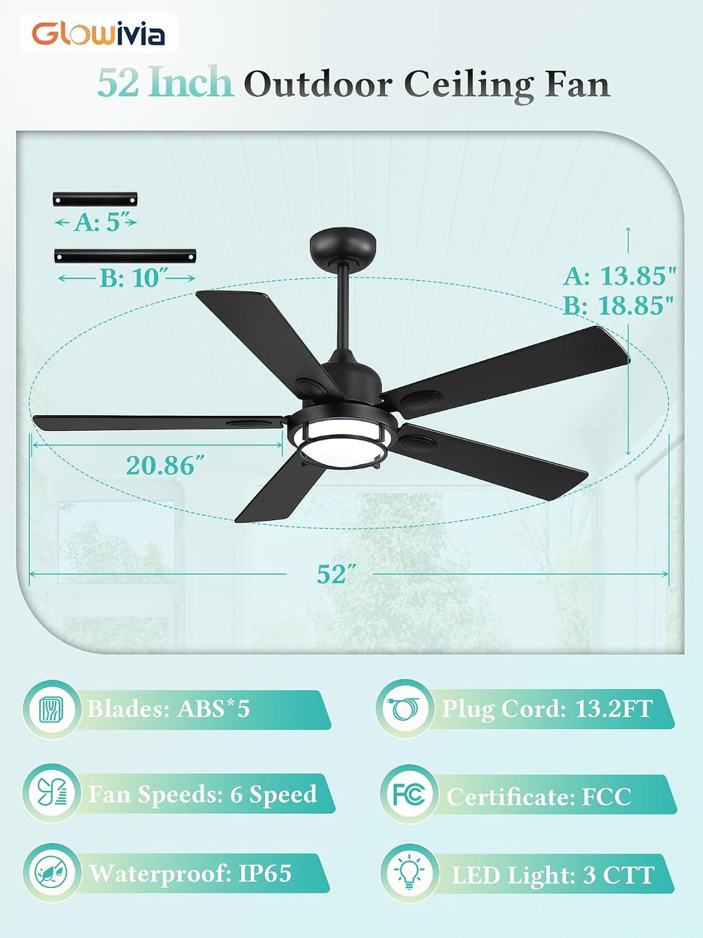52' Outdoor Ceiling Fans with Lights, Gazebo Hanging Fan with 3CCT Remote Control 6-Speeds DC Motor,IP65 Waterproof Ceiling Fan for Patio Porch Pergola(Black)