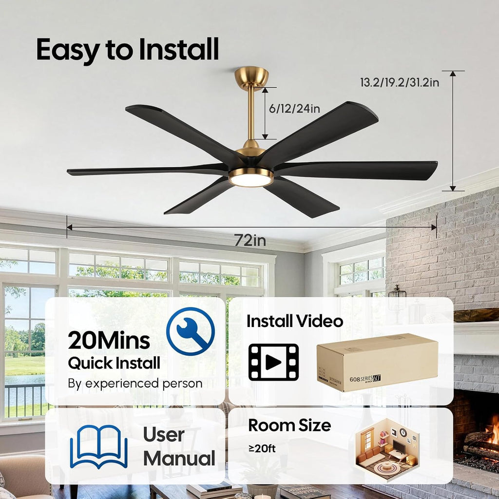 72 Inch Outdoor Ceiling Fan with Light, Black and Gold Modern Smart Fan Alexa/APP/Remote Control, 6 Wood Blades Damp Rated, High CFM Quiet DC Motor, for Indoor Large Living Room Garge Exterior Patio