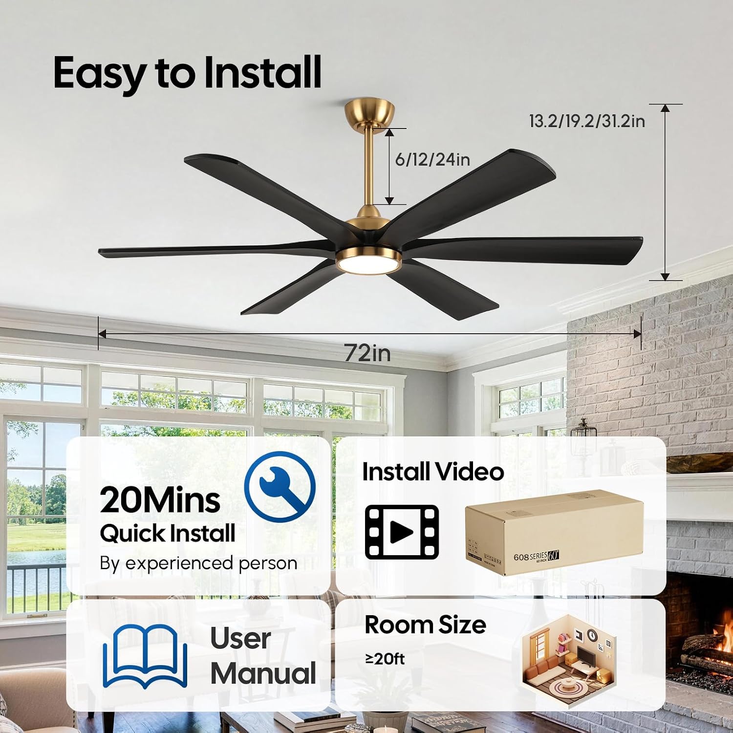 72 Inch Outdoor Ceiling Fan with Light, Black and Gold Modern Smart Fan Alexa/APP/Remote Control, 6 Wood Blades Damp Rated, High CFM Quiet DC Motor, for Indoor Large Living Room Garge Exterior Patio