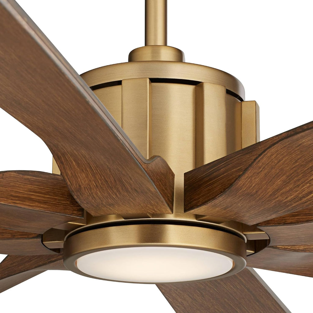 Possini Euro Design 70' Defender Large Modern Indoor Outdoor Ceiling Fan 8 Blade LED Light Remote Control Soft Brass Finish Motor Brown Koa Finish Blades Bedroom Patio Living Room Damp Rated