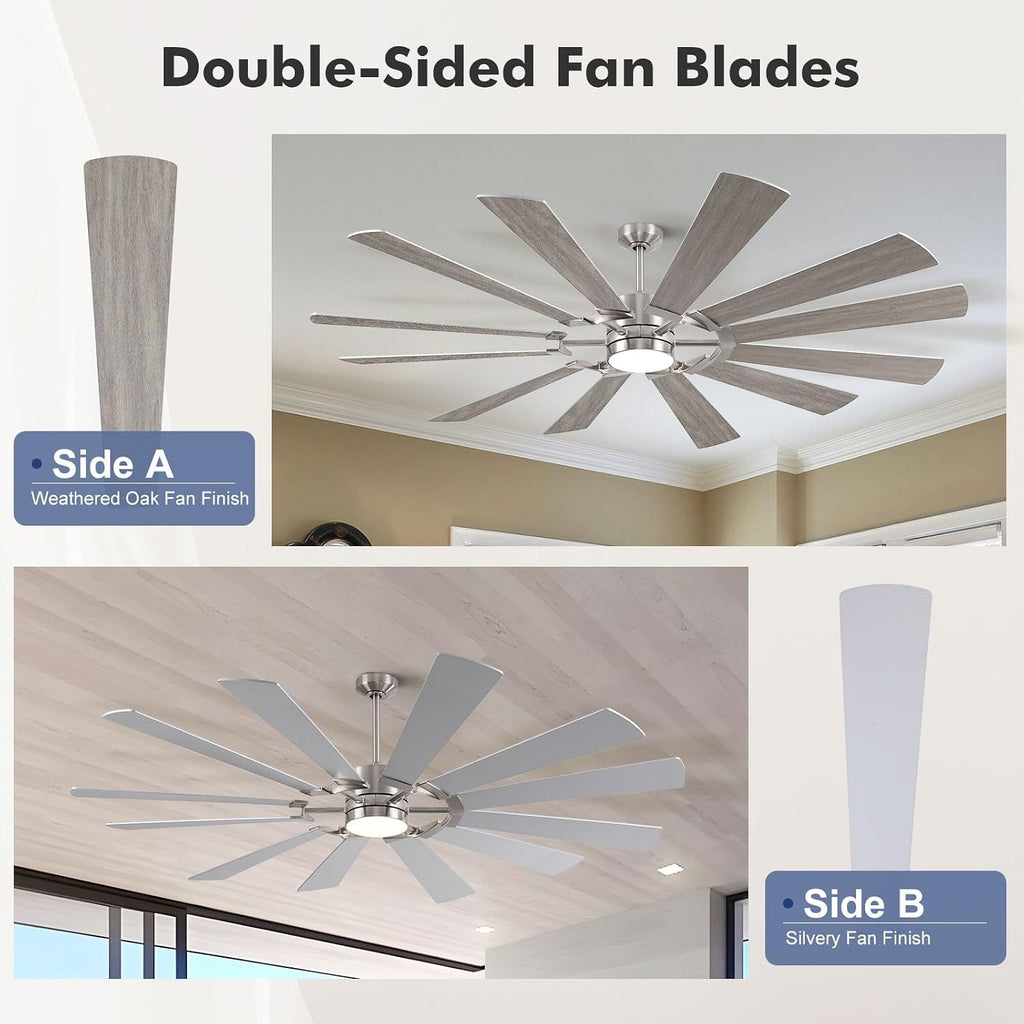 72' Outdoor Ceiling Fan with Light Remote, 12 Blade Large Modern Industrial Ceiling Fan with Dimmable Light High CFM Quiet Energy Efficient DC Motor, for Indoor Exterior Home Commercial, Silver+Oak
