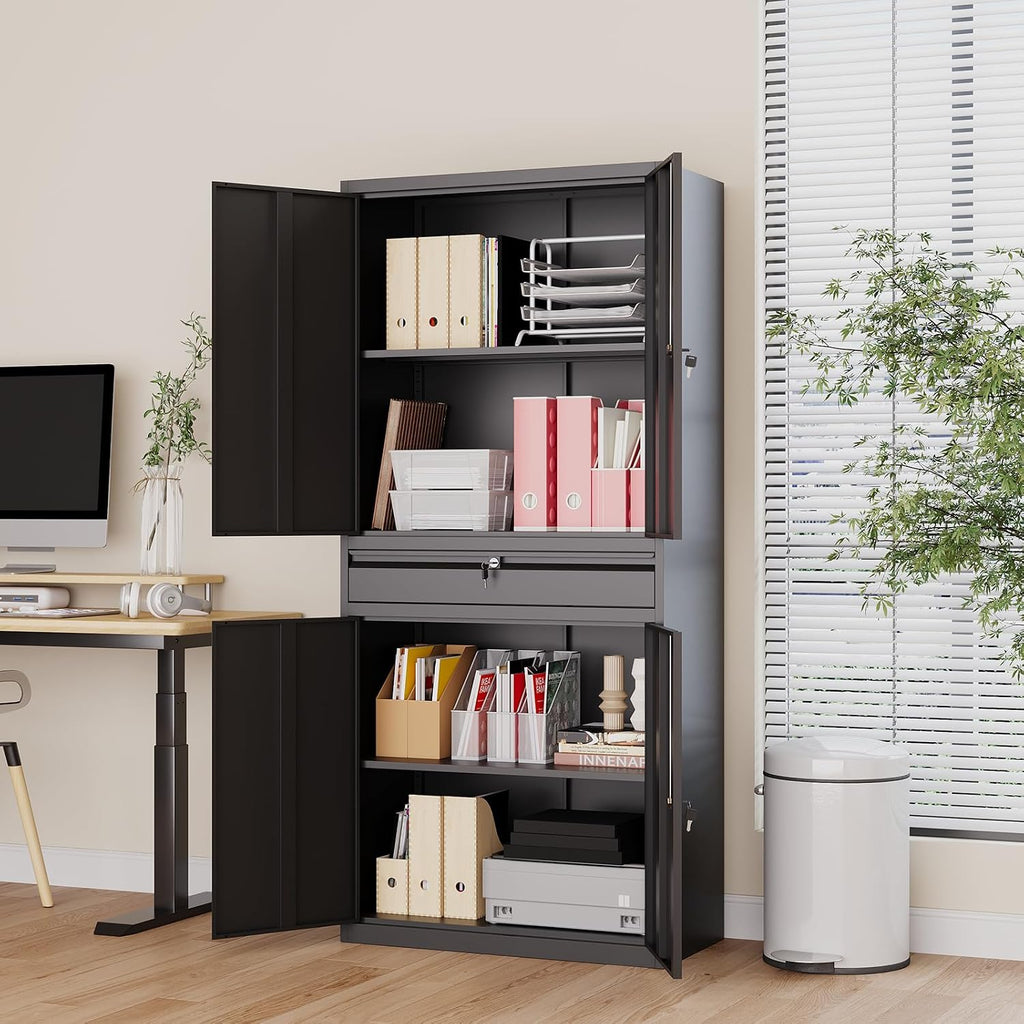 Metal Storage Cabinet with Drawer, Garage Storage Cabinet with Locking Doors and Adjustable Shelves,Tool Steel Cabinet for Garage, Home Office,Warehouse (Black)