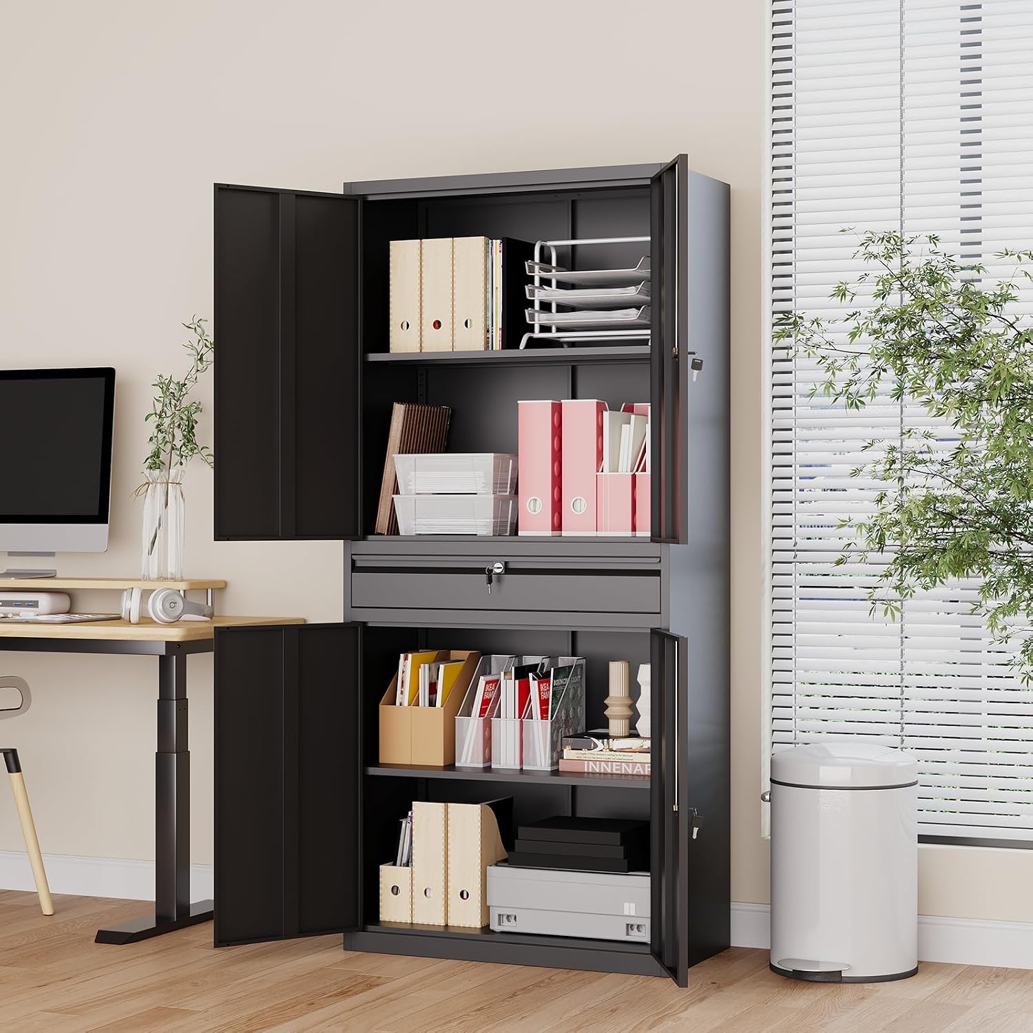 Metal Storage Cabinet with Drawer, Garage Storage Cabinet with Locking Doors and Adjustable Shelves,Tool Steel Cabinet for Garage, Home Office,Warehouse (Black)
