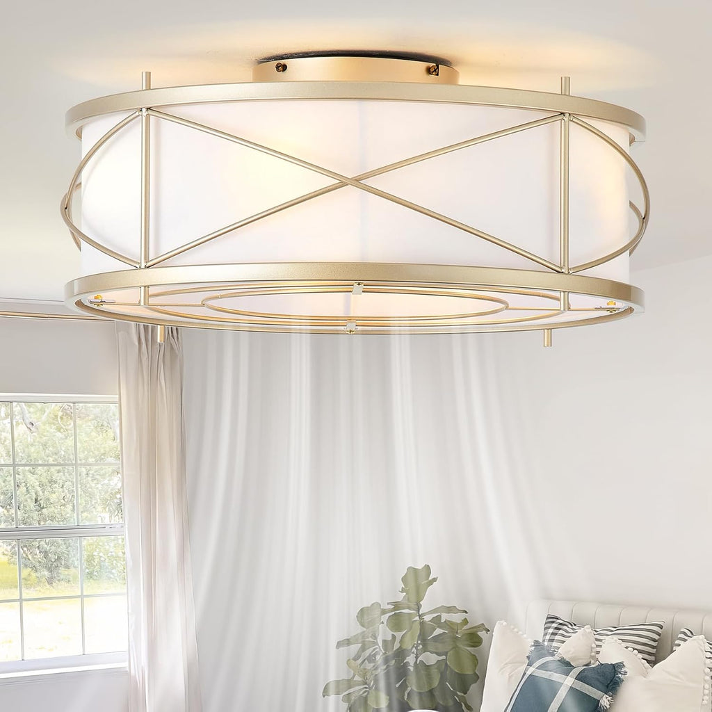 Gold Flush Mount Boho Ceiling Fan with Lights, 20' Caged Rattan Ceiling Fans with Light and Remote, Enclosed with 6 Speeds for Living Room, Bedroom, Nursery