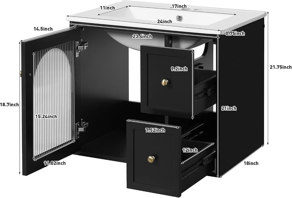 24 Inch Modern Wall Mounted Floating Bathroom Vanity Set with Ceramic Sink, 2 Drawers and 1 Soft-Close Door Bathroom Sink Cabinet for Guest Baths Master Suites (Black)