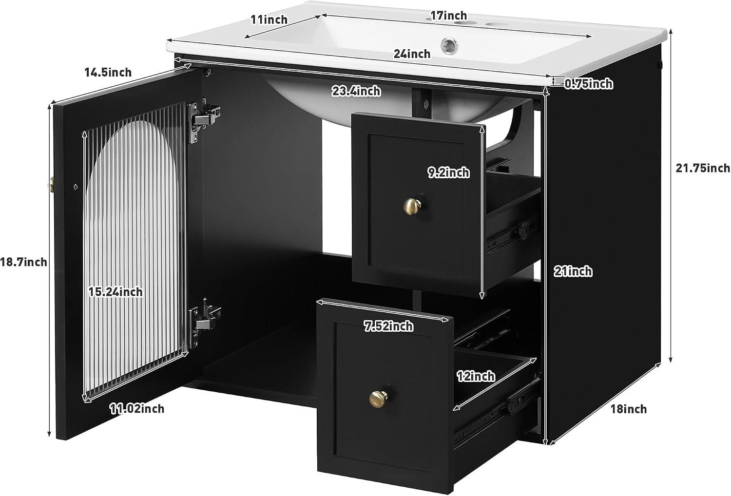 24 Inch Modern Wall Mounted Floating Bathroom Vanity Set with Ceramic Sink, 2 Drawers and 1 Soft-Close Door Bathroom Sink Cabinet for Guest Baths Master Suites (Black)